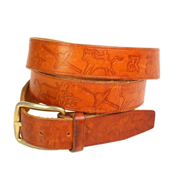 TOOLED TAN BROWN GENUINE LEATHER 7/8"Wd DRESS CASUAL WOMEN'S BELT Size S (R8 - Picture 1 of 14